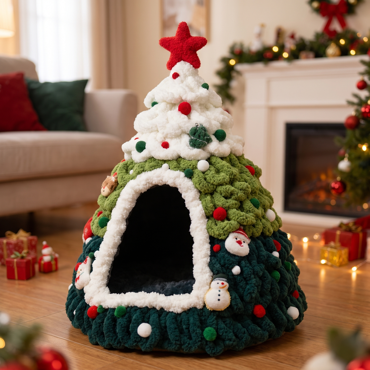 Cozy Knit Christmas Tree Pet Cave