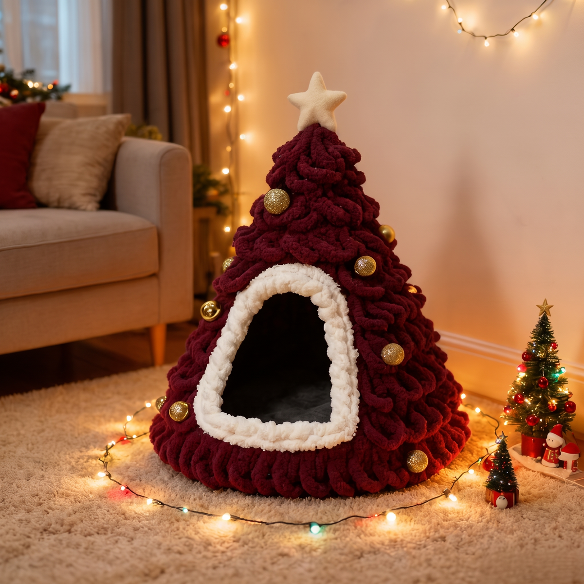 Cozy Knit Christmas Tree Pet Cave